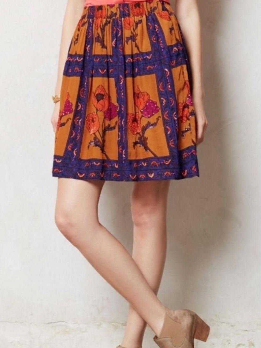 Maeve Anthropologie Mustard and Navy Floral Block-Print Skirt Small